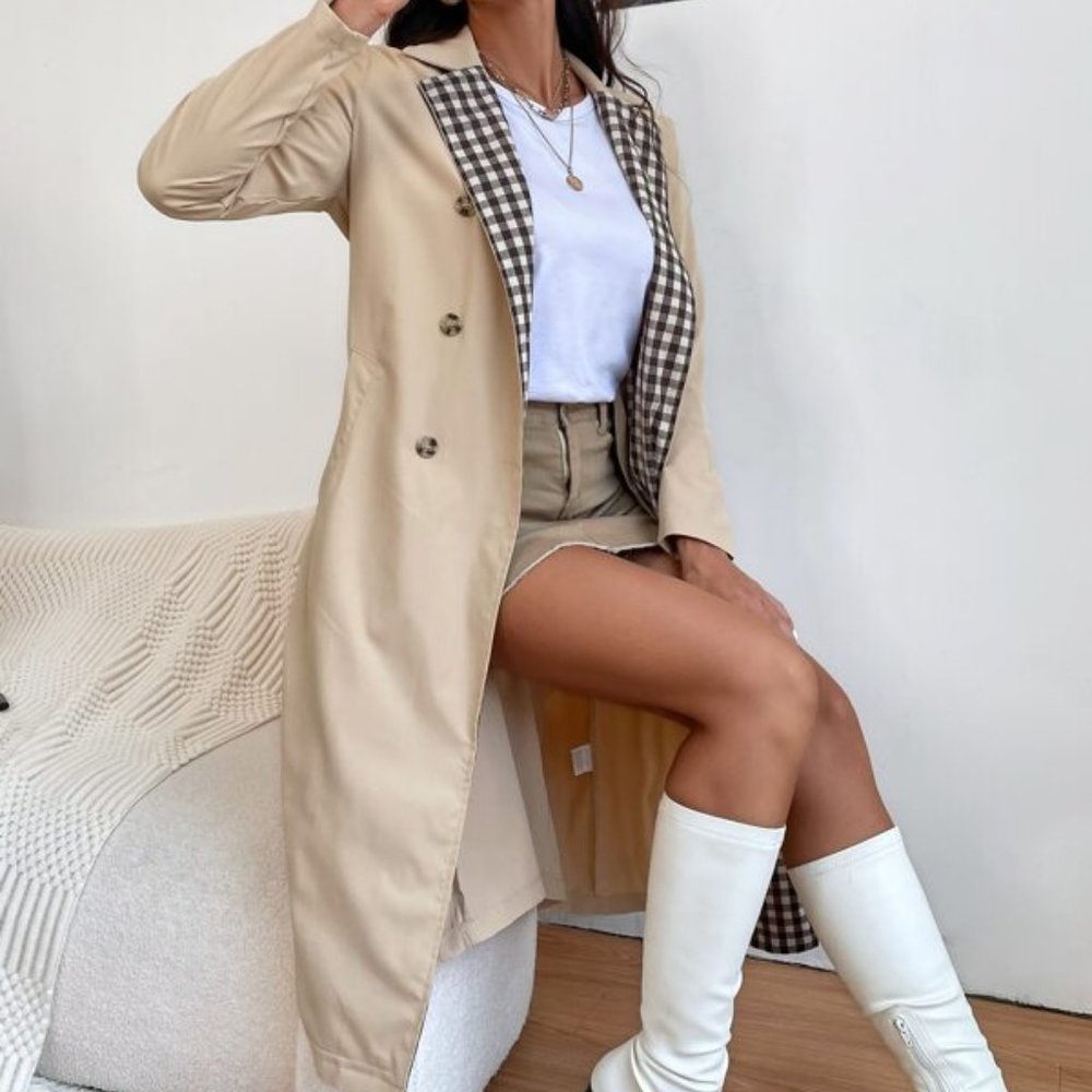 Gingham Lapel Collar Belted Trench Coat - Picture 2 of 7